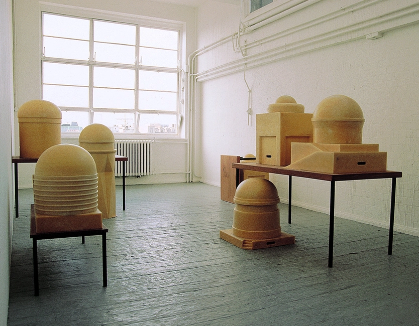 Portable observatories, 1997, 7 elements in beeswax on reinforced plaster frame, tables, variable dimensions